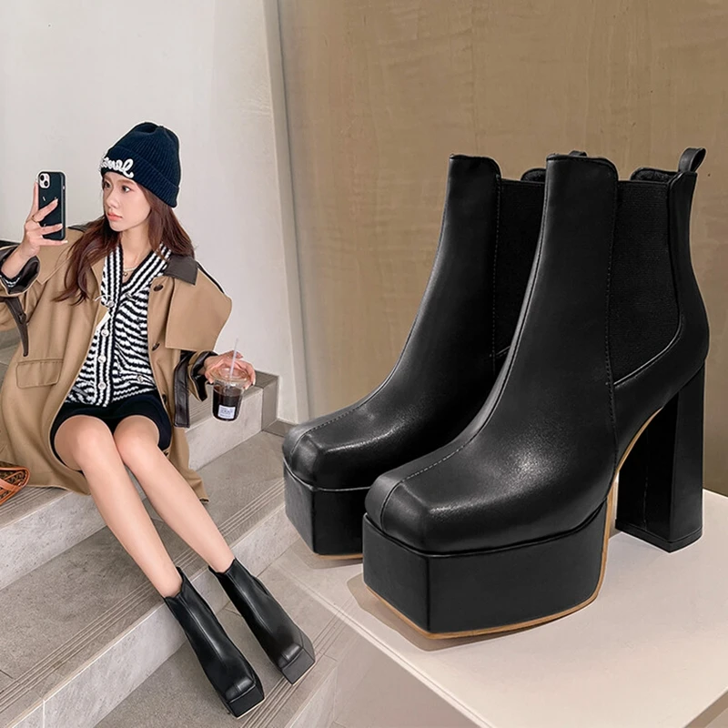 BLXQPYT Zapatos De Mujer Autumn Winter Ankle Boots for Women Square Toe High Heels Leather Pumps Platform Shoes Big Size 48 22-9