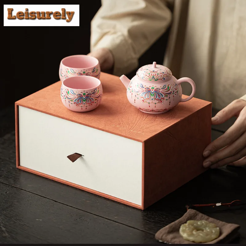 Pink Purple Clay Butterfly Pattern Tea Set Complete Set Luxury Tea Ceremony Set Teapot And Tea Cup Set Cafes Supplies Craft Gift