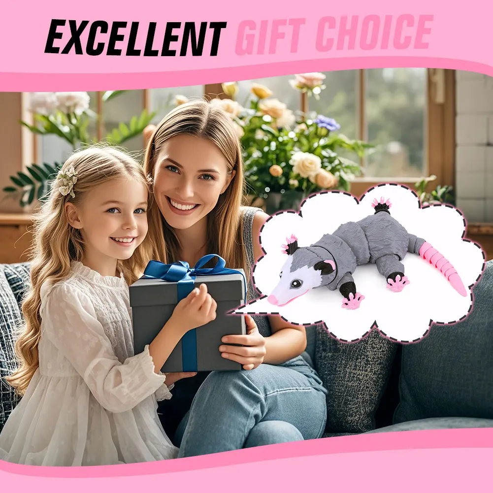 2Pcs 3D Printed Opossum Articulated Fidget Figurine Wear Resist Creative Home Opossum Decoration for Home Office Decor