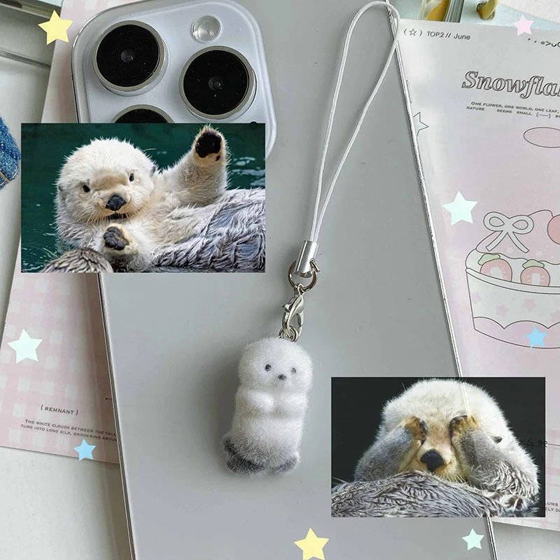 Adorable Flocked Sea Otter Charm Pendant with Lanyard