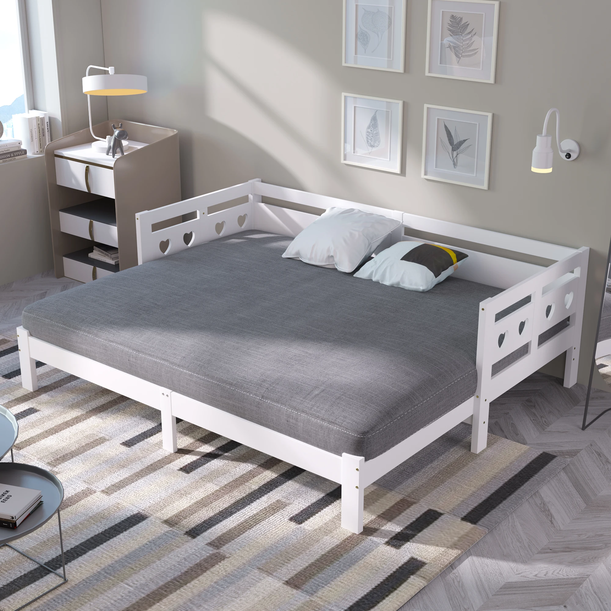 Tagesbett, ausziehbares Bett, aus massivem Kiefernholz, mit zweiter Schlafmöglichkeit und Lattenrost, herzförmiges Bett, weiß – Detail 25