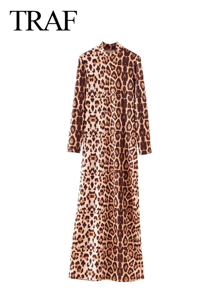 

TRAF Women's Chic Sexy Leopard Print Long Sleeve Dress Female 2024 Vintage Midi Evening Party Slim Dresses Vestidos Mujer