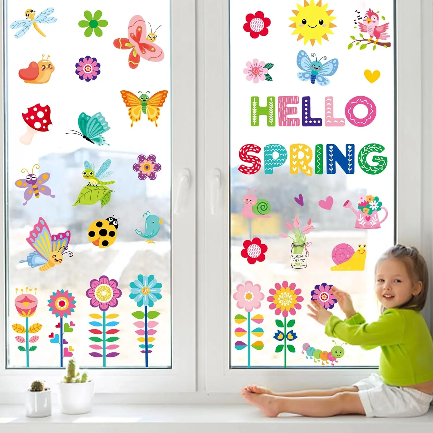 9 Sheets Spring Window Clings Static Stickers Colorful Double-Sided Flower Glass Decals Kids Bedroom Home Decor Supplies