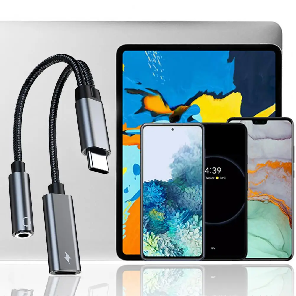 Кабель-преобразователь 2 в 1, износостойкий медный кабель-преобразователь от Type-C до 3,5 мм PD60W для смартфона Кабель-преобразователь 2 в 1, износостойкий медный кабель-преобразователь от Type-C до 3,5 мм PD60W для смартфона