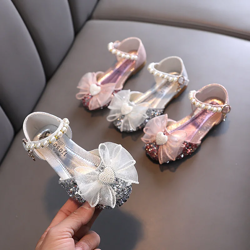 

Kids Girl Sandals Fashion Versatile Summer Non-slip Shoes Lace Bow Casual Princess Sequined Beading Flats Children Dance Sandals