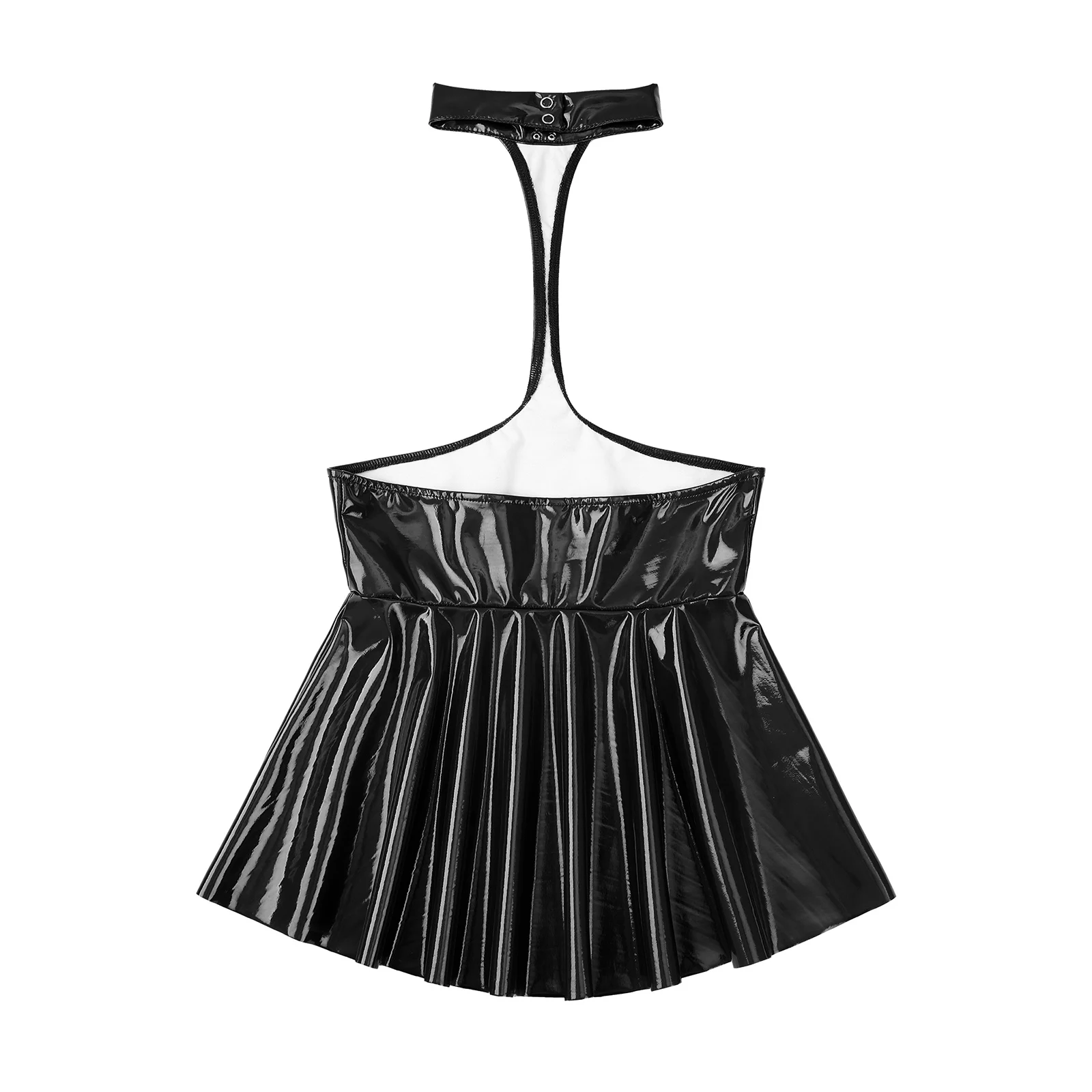 Womens Open Chest Halter Mini Dress Wet Look Patent Leather Rave Carnival Party Ruffled Sleeveless Backless Dress Nightclubwear 4