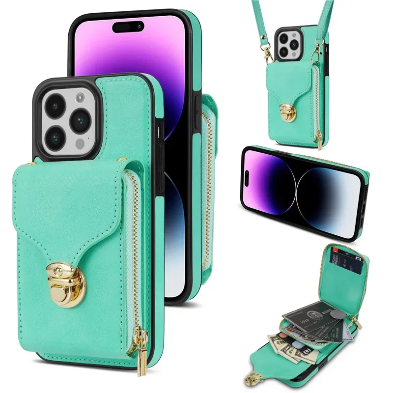 Leather Crossbody Lanyard Wallet Phone Case with Zipper and Flip Stand Cover