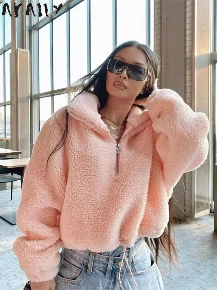 

Akaily Fall Winter Pink Hoodies For Women Fashion 2022 Loose Turtleneck Long Sleeve Pullovers Tops Ladies Solid Sweatshirts