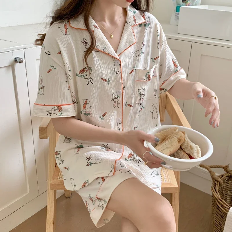 

Summer Japanese Style Sweet Gauze Cotton Kimono Pajamas Lapel Cartoon Cute Printing Loose Loungewear Women 2 Piece Sleepwear