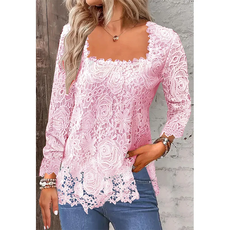 Women Lace Long Sleeve Loose Tshirts Summer Tops