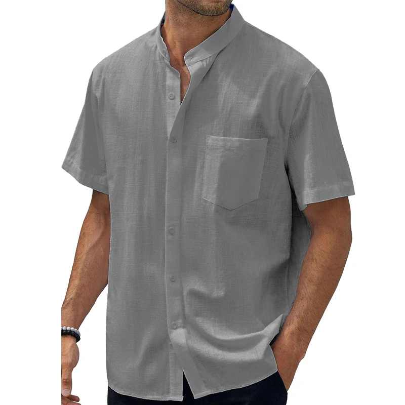 Summer New Men's Cotton and Linen Shirts Short-Sleeved T-shirt Henry Collar Casual Men's T-shirts Shirt Male Men Clothing