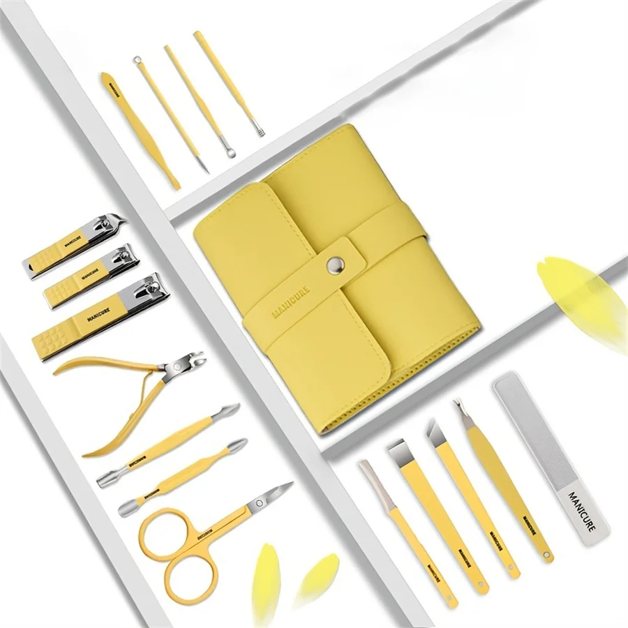 스테인레스 스틸 네일 클리퍼 세트, 접이식 가방 포함, 매니큐어 커터 키트, 가위 메이크업 미용 도구, 12-16 개/세트