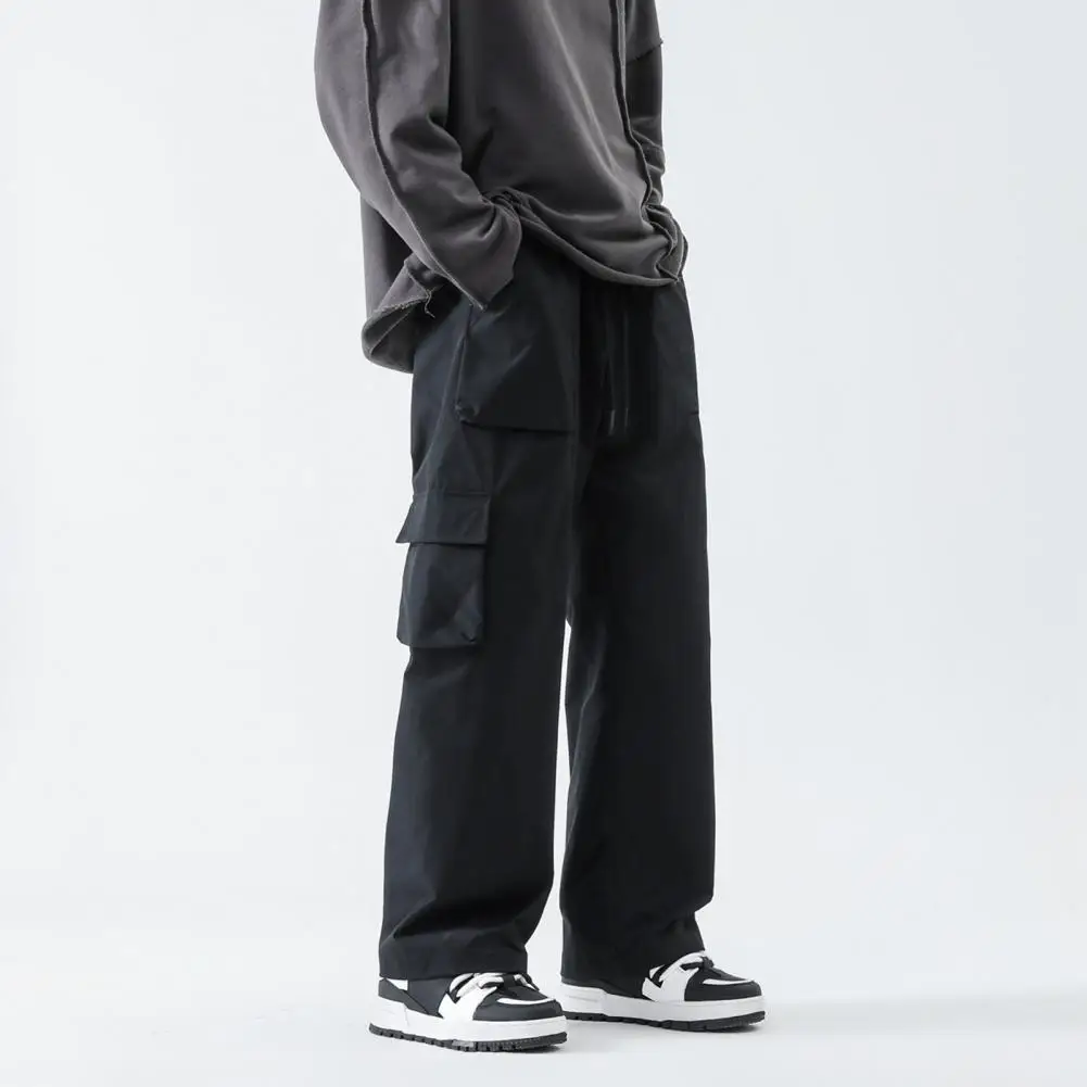 Description Picture 5 of itemStraight-cut Pants Cargo Trousers Men's Elastic Drawstring Cargo Pants with Pockets Solid Color Straight Leg for Streetwear
