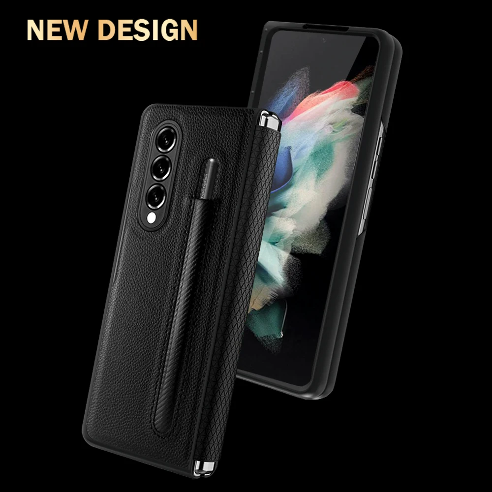 Ultra-thin Folding Hinge Phone Case For Samsung Galaxy Z Fold 4 Fold 3 5G Slim Leather Case Cover Fold4 Fold3 with S Pen Slot