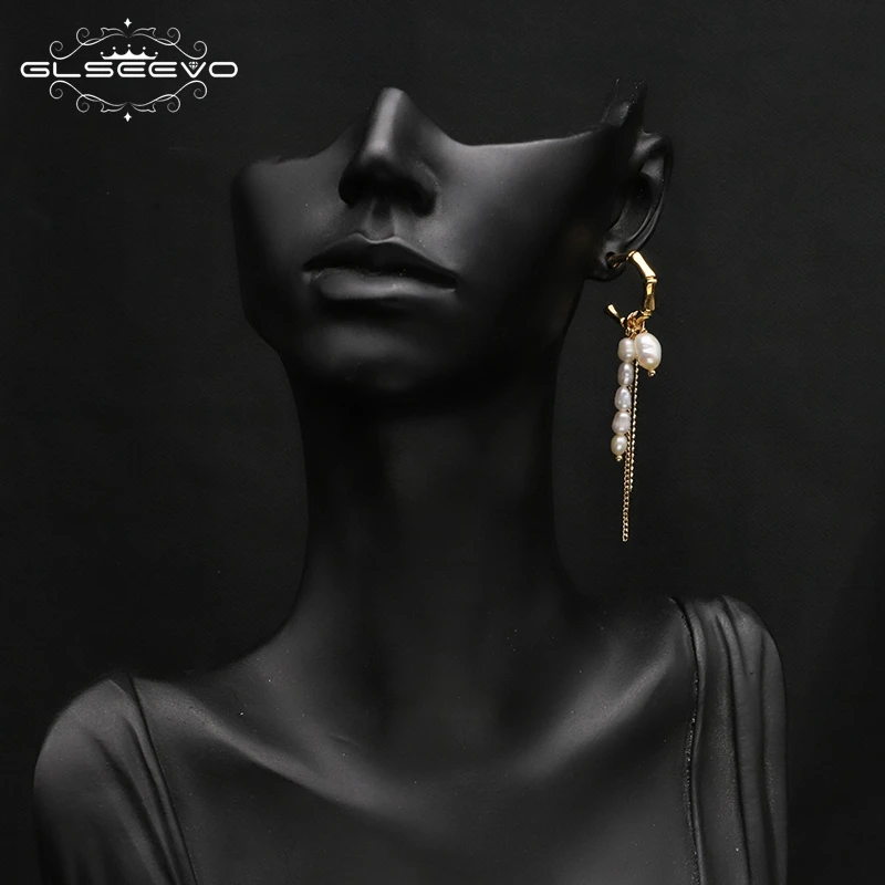 

GLSEEVO Fashion Handmake Paved Freshwater Pearl Drop Earring Luxury Long Fringed Statement C Earrings Women Jewelry Party Gift