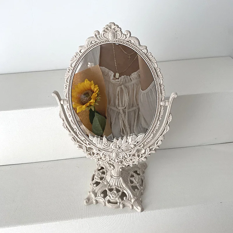 European Style Palace Carving Makeup Mirror Vintage Floral Oval Handhold Mirror Home Decor Makeup Mirror   ZM1202