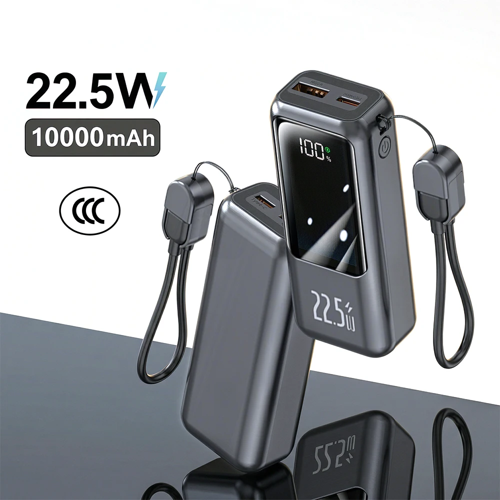 Power Bank da 22.5W 10000mAh con Ricarica Rapida, Caricabatterie Portatile con Cavo Type-C Integrato, Batteria Esterna PD QC3.0 per iPhone Samsung