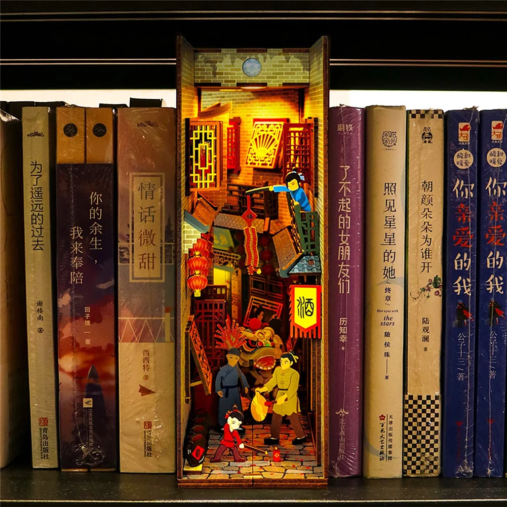 Light Up Wooden Book Nook Dollhouses 3D Puzzles Booknook Bookshelf Insert Diorama DIY Doll Houses Miniature Bookends Toys Gifts