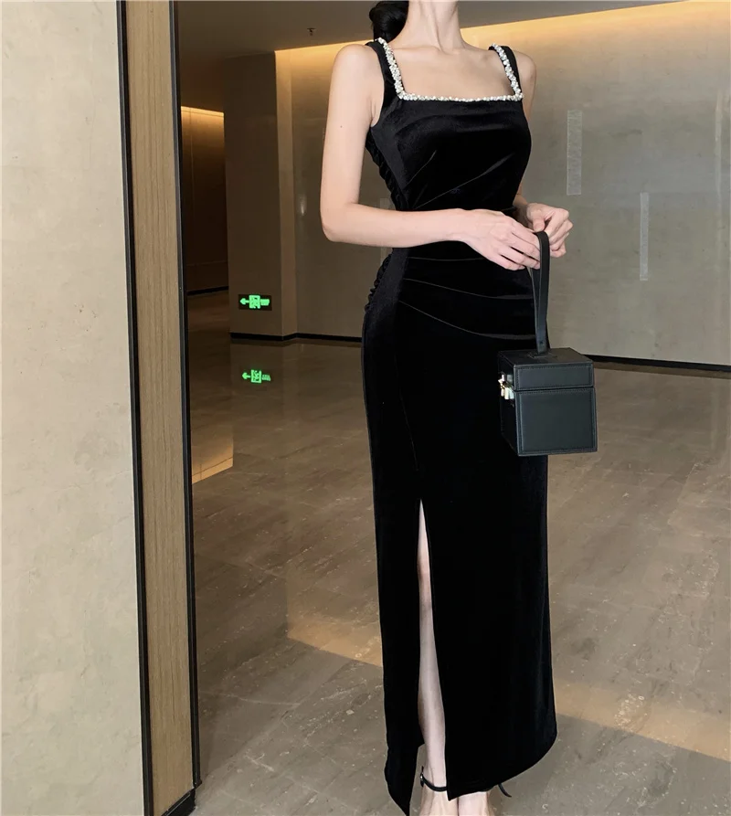 Elegant Bodycon Sleeveless Black Velvet Dresses for Women Diamonds High Slit Evening Party Dress Prom Robe One Piece Vestido New