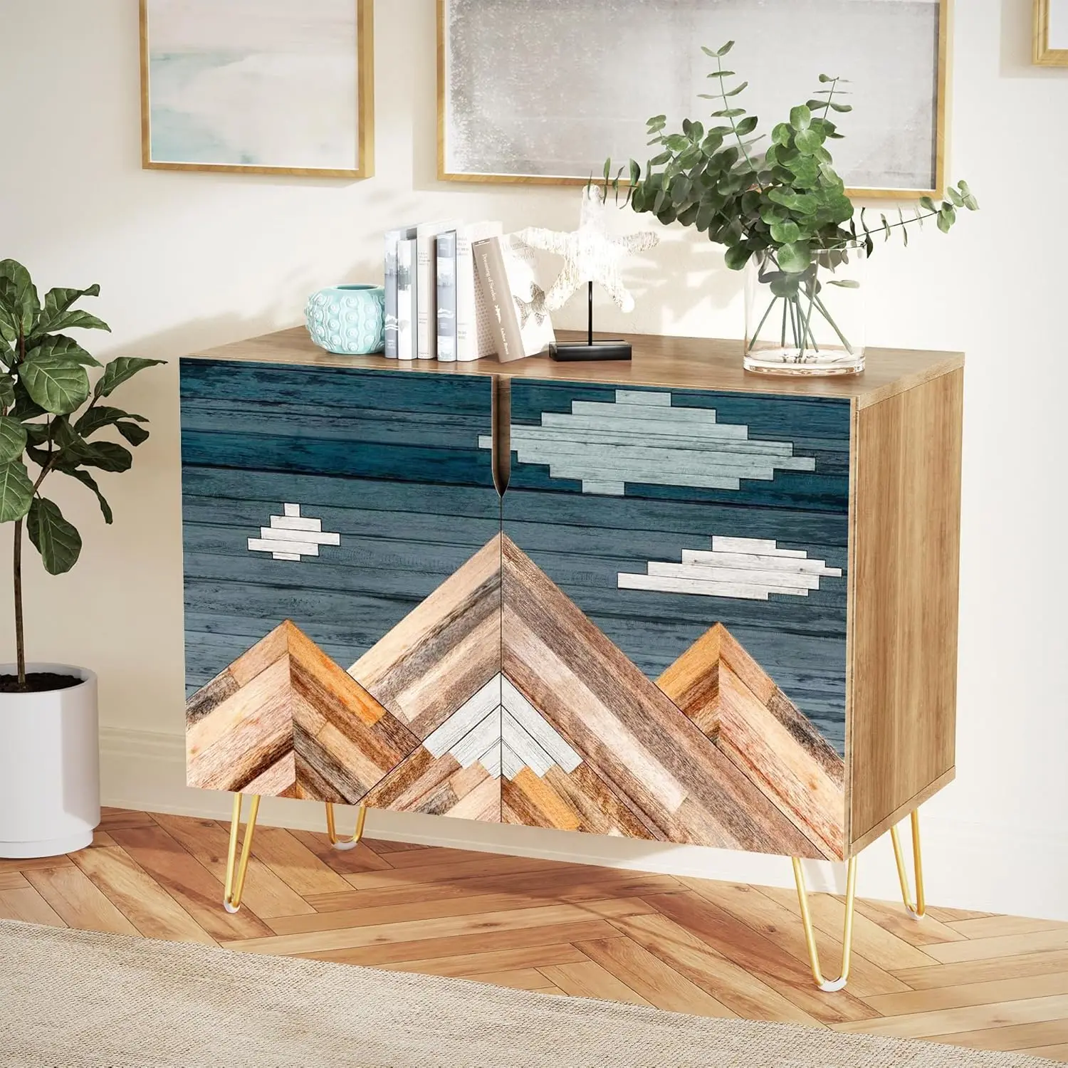 SIGNWIN Sideboard Buffet Cabinet, Kitchen Storage Cabinet with 2 Doors, Mid Century Vintage Mountains, Cupboard Console Table fo