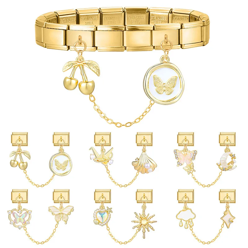 Gold Farbe Rosa Herz Stern Kirsche Mond Kette Quaste Italienischen Charme Link Fit 9mm Edelstahl Armband Frauen DIY Machen geschenke