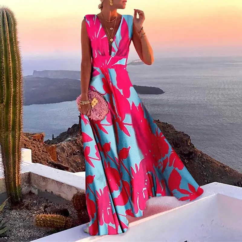 Women Elegant Blue And White Porcelain Printing V Neck Party Dress Sexy  Backless Ladies Sleeveless Beach Vintage Dress Female - AliExpress