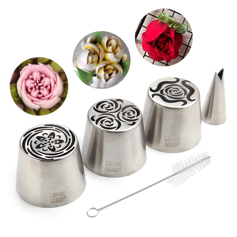 3 PCS Stainless Steel XL Russian Icing Nozzles Pastry Baking Tools Kit 1PCS Leaf Tip & Brush