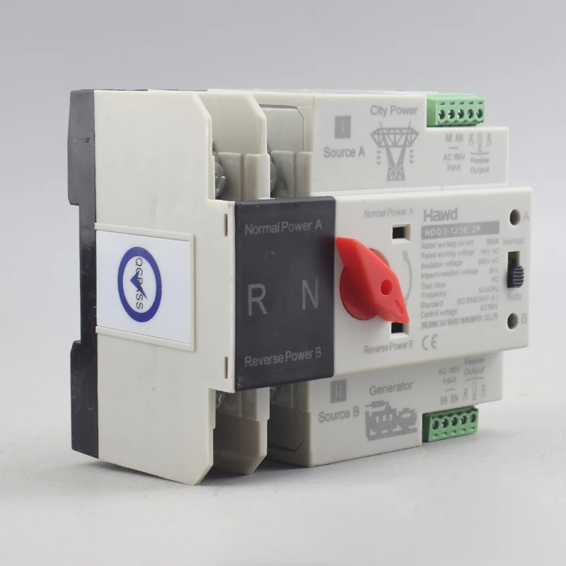 AC110V 100A Dual Power Automatic Transfer Switch 35mm Rail Mounting 2P ATS Generator Transfer Changeover Switch