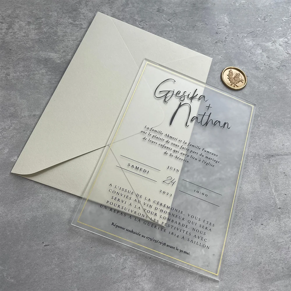 

Elegant Frosted Acrylic Wedding Invitation with Nude Color Envelope and Gold Wax Seal