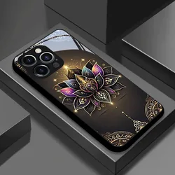 Golden Lotus Flower Pattern Tempered Glass Phone Case - Elegant Shockproof Black Cover - Galaxy S23 Ultra (1)