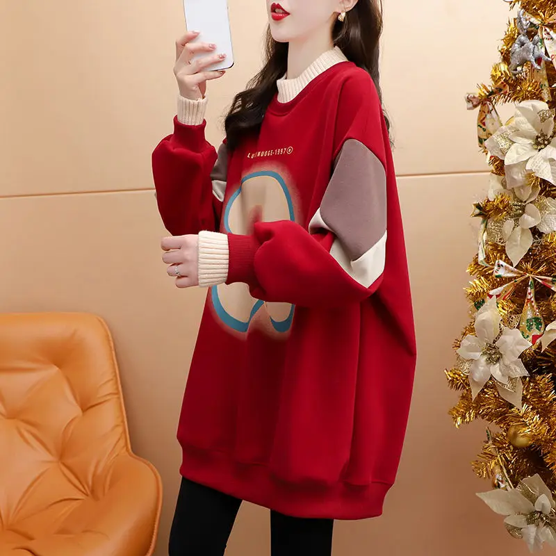 Women's Autumn Winter Fashion Elegant Half High Neck Pullover Letter Casual Versatile Long Sleeve Loose Mid Length Sweatshirts