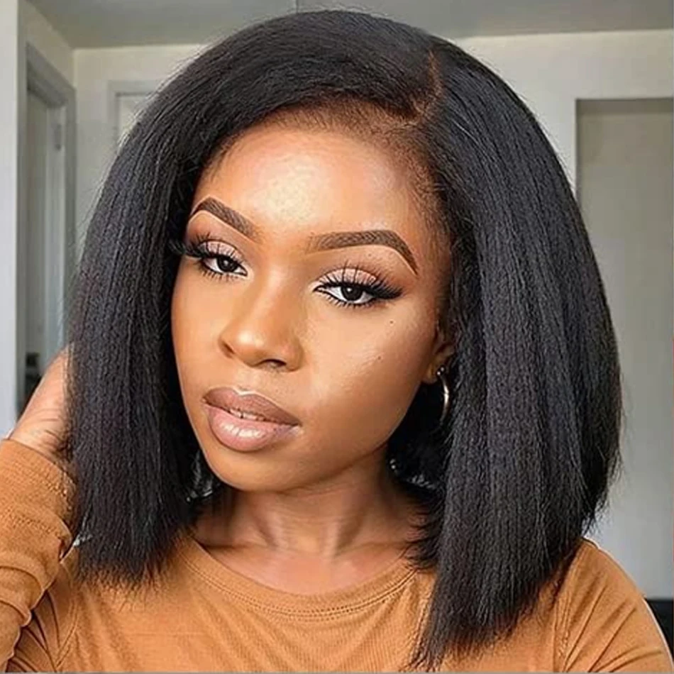 

Sale Glueless Wig Human Hair Ready To Wear Kinky Straight 13x4 HD Transparent Lace Frontal Yaki Bob Wig For Women Remy Brazilian