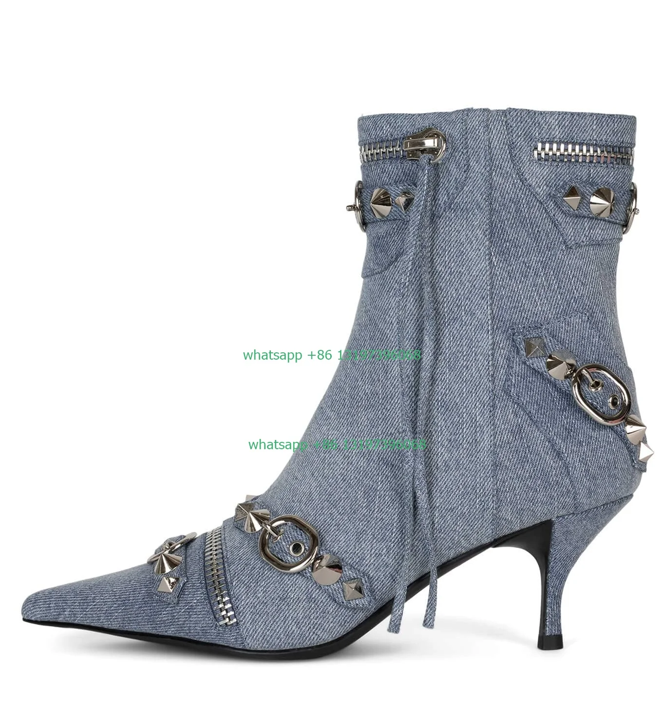 

Lady Moto-inspired style kitten heel boots zipper metal stud boots lace-up design pointed toe ankle boots footwear size 34-46
