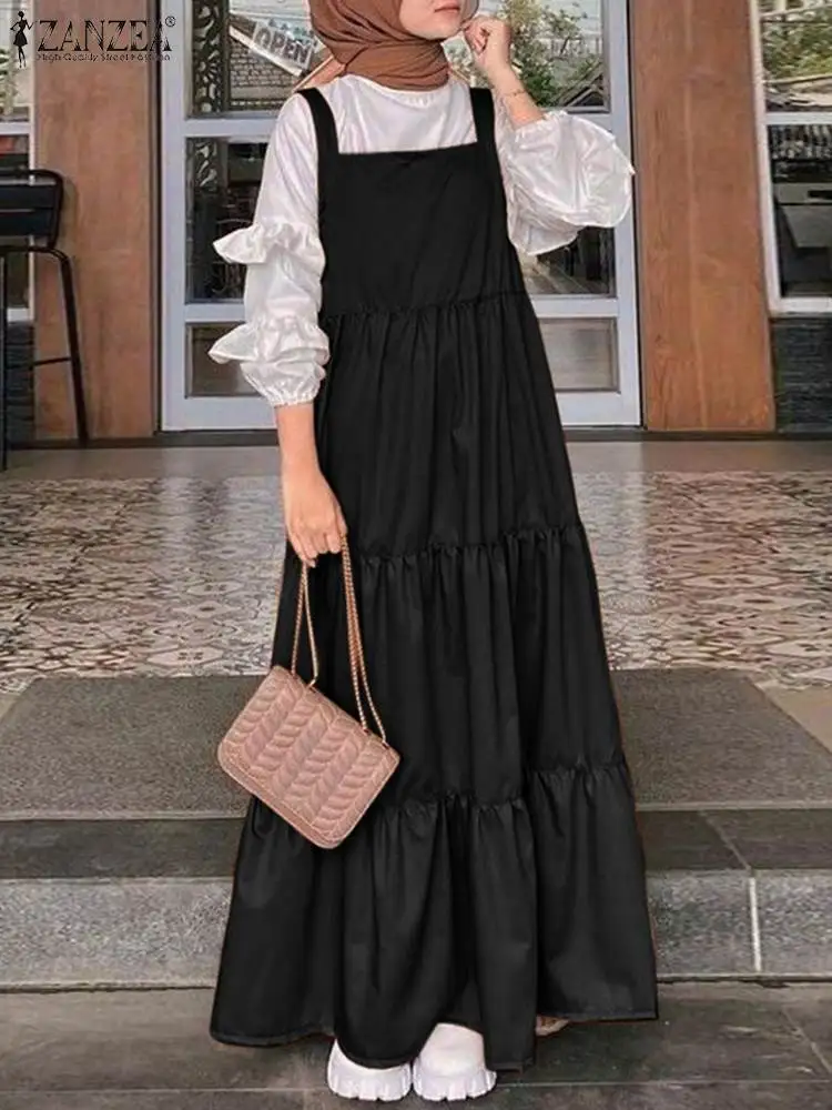 2023 ZANZEA Elegant Muslim Women Straps Dress Turkey Abaya Hijab Maxi Long Dresses Autumn Solid Ruffles Vestidos Sundress Robes
