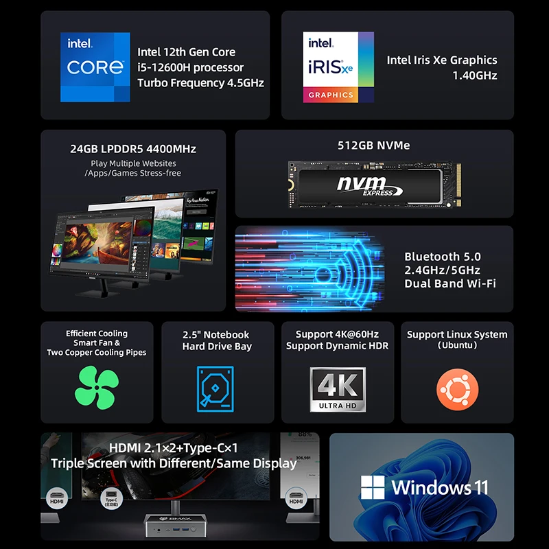 BMAX B8 Plus Mini PC Intel Core i5-12600H Turbo