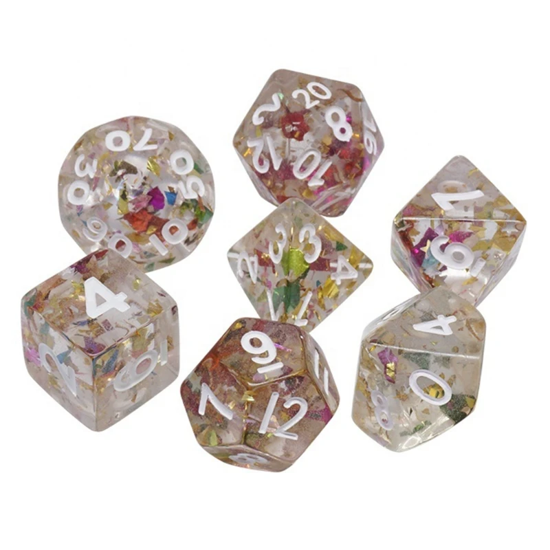 

7 многогранные игральные кости DND, прозрачные кости D & D, наполненные блестящей фольгой для D & D, подземелья, ролевая игра, настольная игра