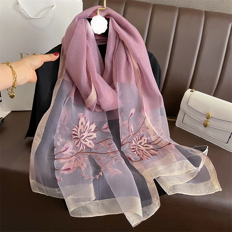 2023 New Long Silk Scarf for Women Luxury Wool Wraps Embroidered Elegant Shawls Female Head Beach Hijab Bandana Echarpe Bufanda