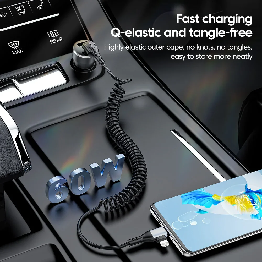 PD 60W Type-c Type-c 2-in-1 고속 충전 데이터 케이블 IPhone15용 USB C Crod Huawei 자동차 스프링 고속 충전기 케이블