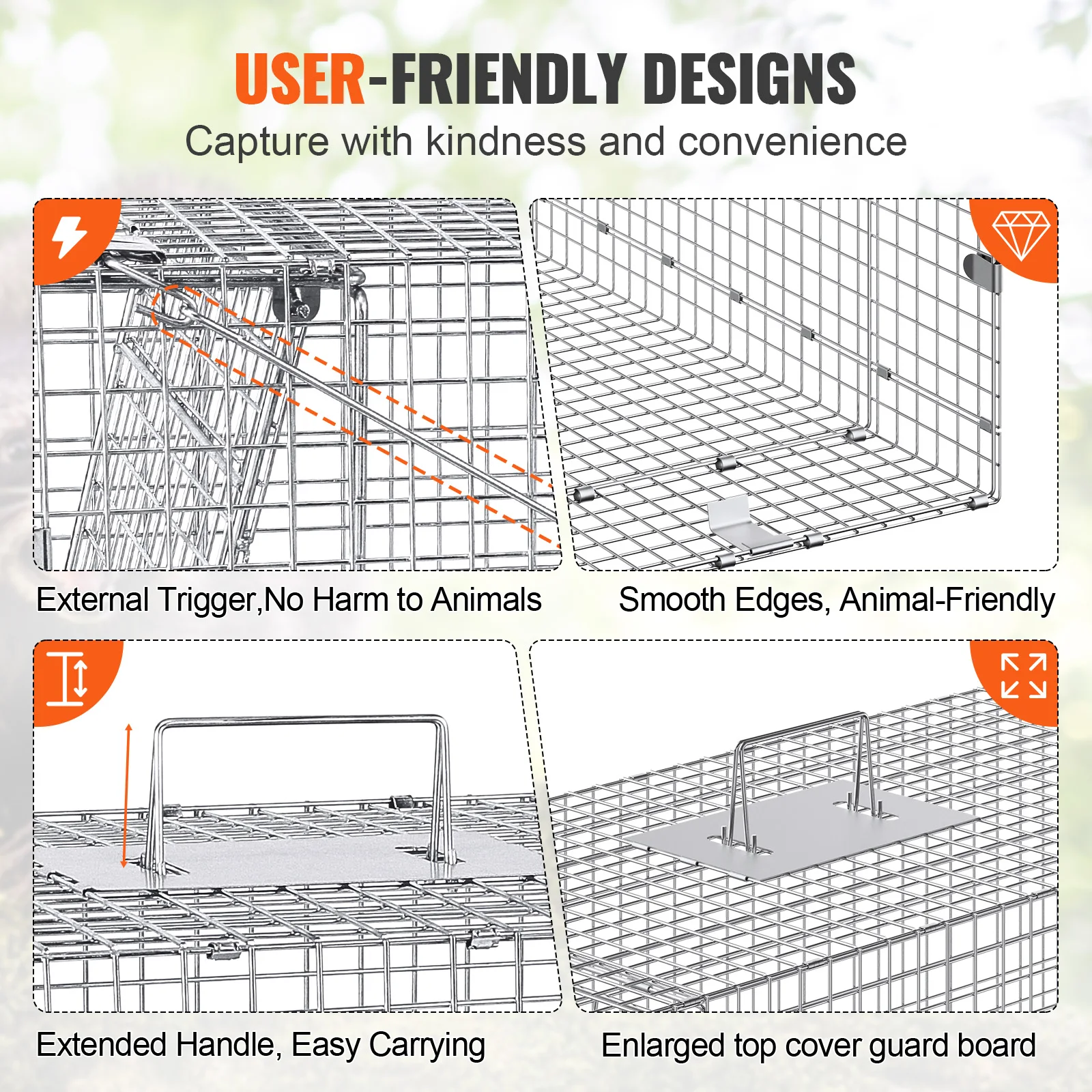 Live Animal Cage Trap 24/31/42/50in Folding Humane Cat Trap Galvanized Iron Handle for Rabbits Squirrels Groundhogs