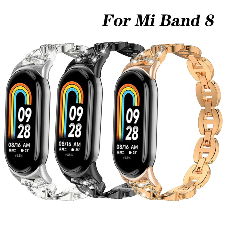 Браслет с бриллиантами для Mi Band 8, браслет для часов Xiaomi Mi Band 8, металлический браслет для Miband 8, Аксессуары для браслета