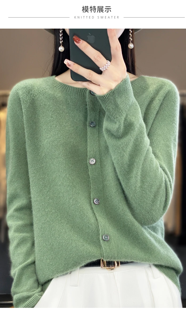 Women 100% Merino Wool Sweater Autumn Winter O-Neck First Line Seamless Cardigan Long Sleeve Clothing Cashmere Knitwear Tops