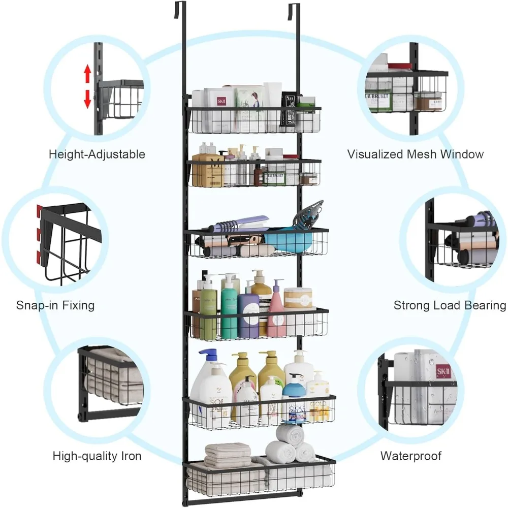 Over The Door Bathroom Organizer, 6-Tier Adjustable Metal Baskets Hanging Bathroom Organizer, Over The Door Organizer with Detac