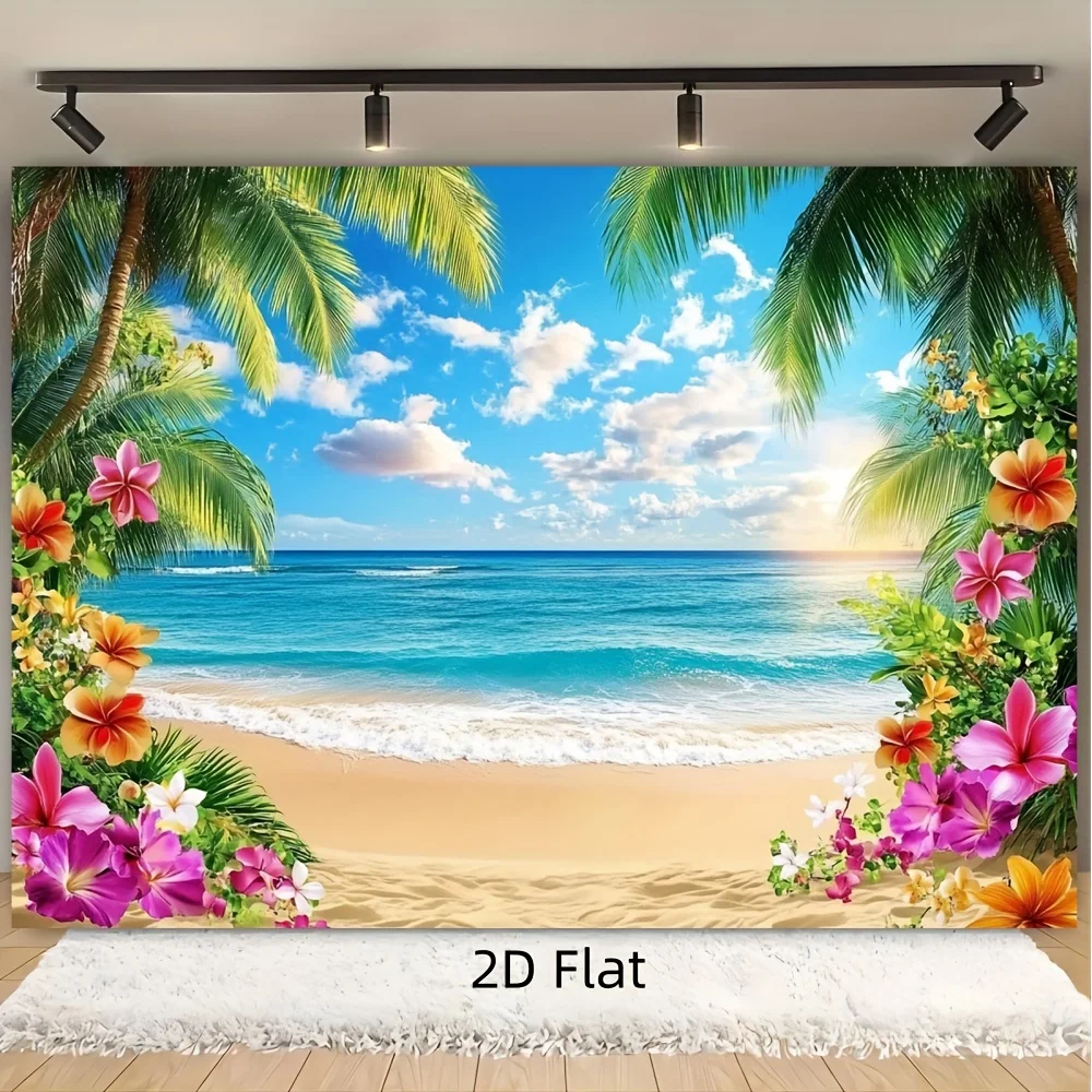 2D-Flachbanner, 1 Stück - Aloha-Strandparty-Hintergrund aus Hawaii - Lebendige tropische Strandszene mit Palmen und Blumen – Detail 1
