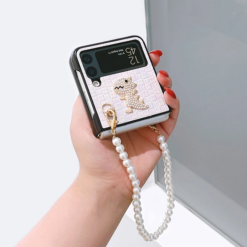 

For Samsung Galaxy ZFlip3 Cover Luxury High Leather Cute Dinosaur with Pearl Lanyard for Z Flip 3 Samsung F7110 Case