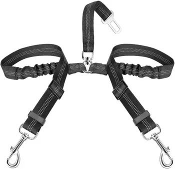 Double Dog Seat Belt – Adjustable Reflective Vehicle Safety Leash with Elastic Bungee, No-Tangle Y Design 1