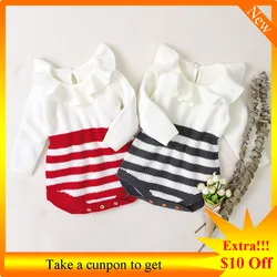 Barboteuse à manches longues pour bébés filles, combinaisons à col de poupée, tricot rayé, vêtements chauds pour nouveau nés 