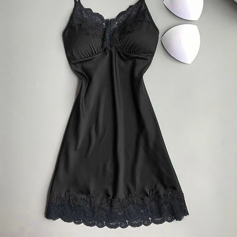 Women Lingerie Women Lingerie Set Women Nightgowns Women Nightdresses Sleeping Dress Women's Sexy Lingerie Summer Silk Night Gown Lace Patchwork Mini Night Dress Spaghetti Strap NO Chest Pad Sleepwear For Ladies