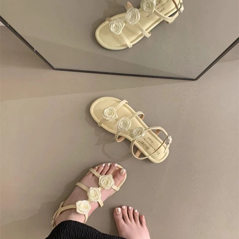 Women's Summer New Thick Heel Roses Flower Stripe Fashion Versatile Simple High Heel Slippers Shoes Casual Ladies Sandals