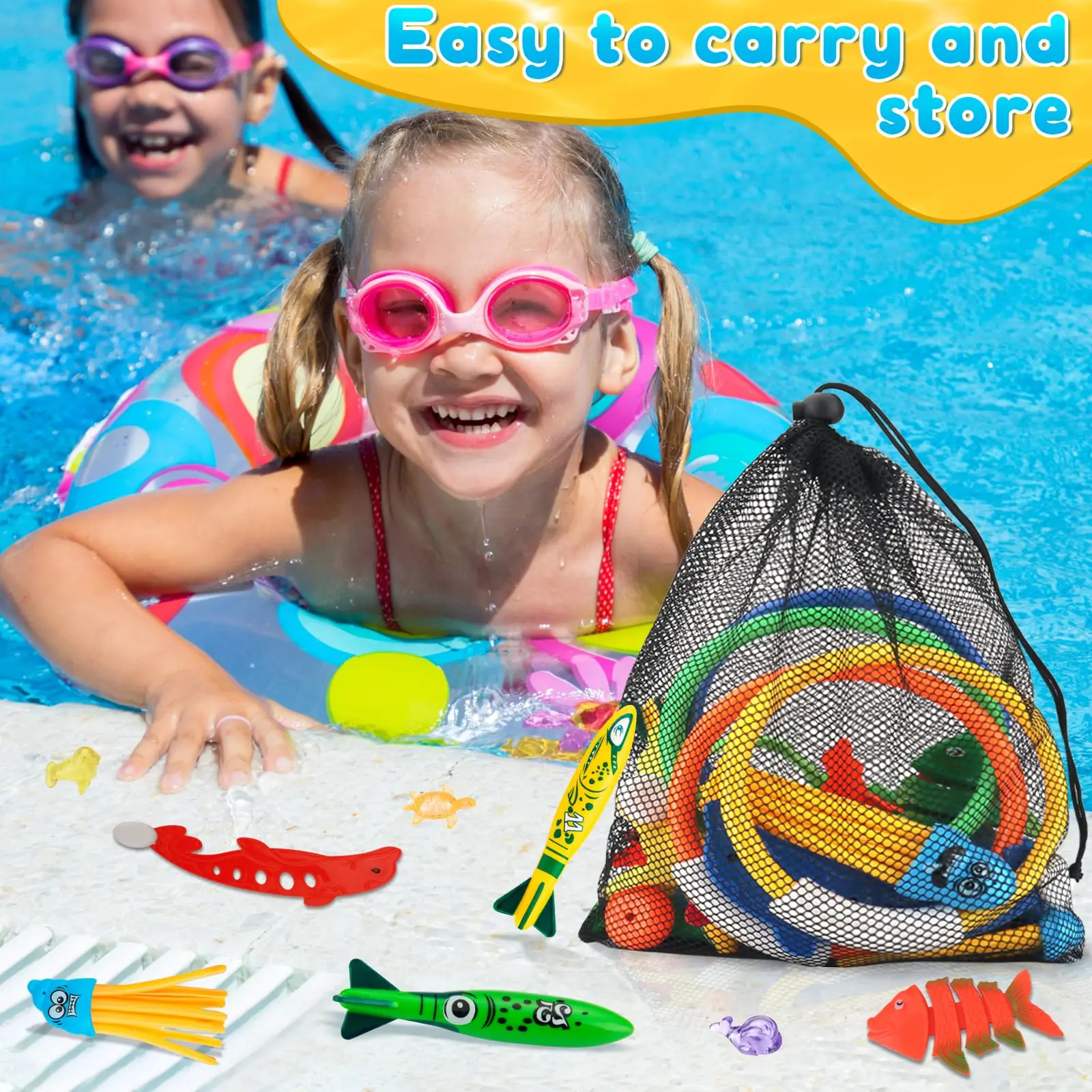 28Pcs Pool Diving Swim Toys Colorful Underwater Training Sinking Dive Toy With Mesh Bag for Kids Summer Swimming Party Pool Game