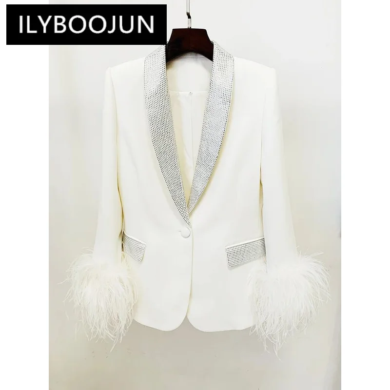 

ILYBOOJUN Fashion 2024 Designer Jacket Women's Ostrich Real Feather Embellished Diamonds Shawl Collar Blazer